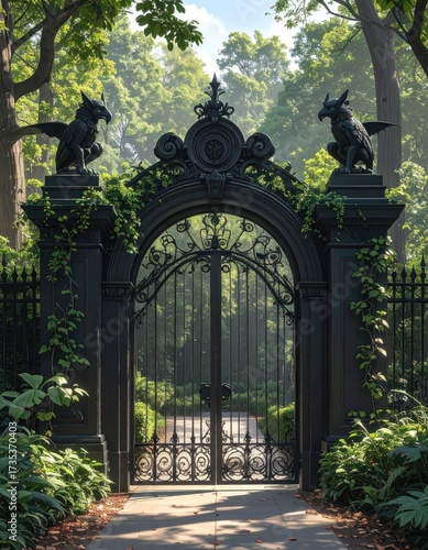 Ornate dark gate guarded by griffins in a lush garden