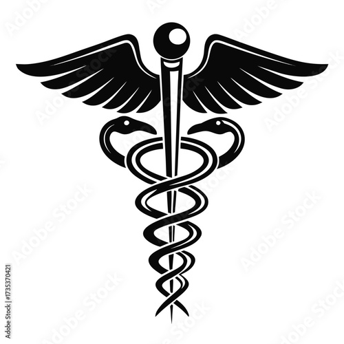 Black Caduceus Emblem with Coiled Snakes and Outspread Wings on White Background Keywords: caduceus, symbol, medical, healthcare, medicine, snake, serpent, wings, staff, rod, healing, doctor