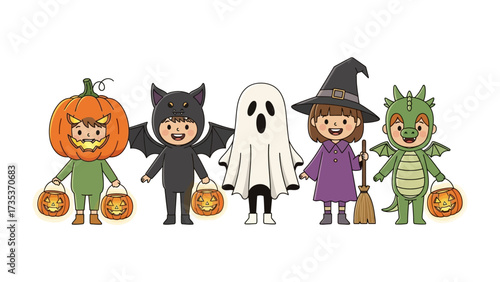 Halloween Kids Parade: A cute parade of kids in colorful Halloween costumes, capturing the joyful and imaginative spirit of the holiday. 