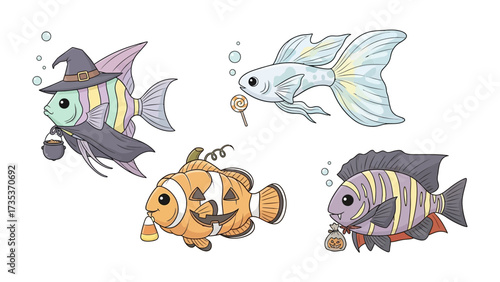 Whimsical Halloween Fish: A collection of charming illustrations showcasing playful fish in Halloween costumes, complete with festive accessories and cheerful expressions.