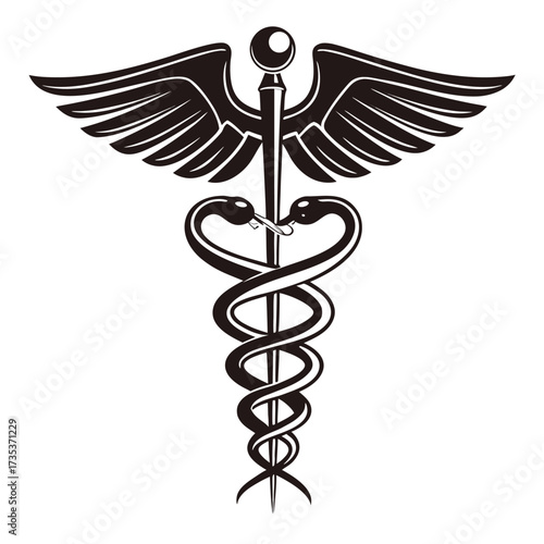 Black Caduceus Icon with Spread Wings and Two Coiled Snakes on White Background medical healthcare