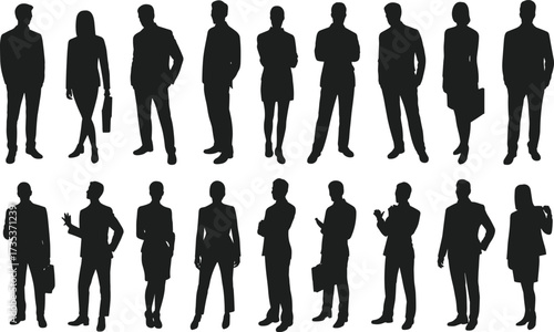 Business silhouettes, corporate professionals, office team, formal attire, diverse poses, briefcase holding, teamwork concept, leadership, career success, business people