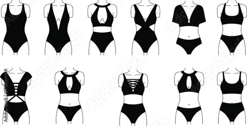 Black swimsuit collection, modern swimwear fashion, stylish bikini and one piece designs, trendy women’s beachwear, summer clothing, fashion illustration, apparel showcase