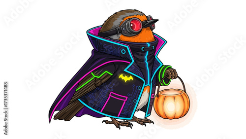 Neo-Gothic Robin: An artistic rendering of a robin, reimagined in a striking neo-gothic style, complete with steampunk goggles, a glowing pumpkin, and a sleek, tech-inspired jacket.