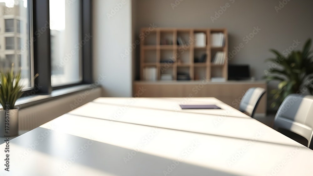Fototapeta premium Minimalist office desk bathed in morning sunlight, emphasizing a clean and productive workspace. 