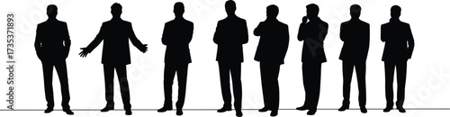 Business silhouettes, formal suits, professional team, corporate stance, leadership concept, teamwork visual, executive group, decision-making pose, office attire, black shadow, 