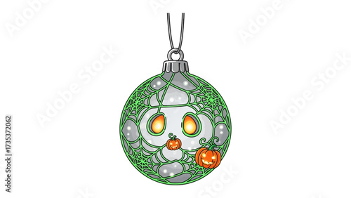 Spooky Ornament: A vibrant spherical Christmas ornament with a ghostly Jack-o'-lantern face and a charming pumpkin, a perfect addition for festive holiday cheer.