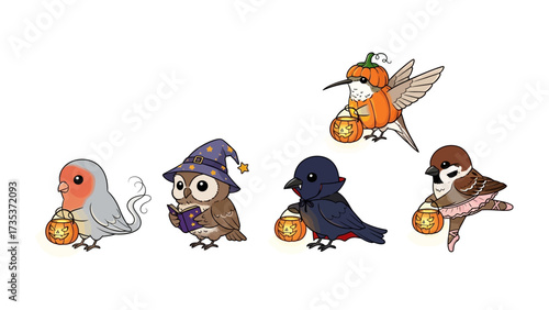 Halloween Birds Celebration: Adorable birds dressed up in Halloween costumes. Holding lanterns, these illustrations of different species evoke a sense of whimsy and Halloween spirit.