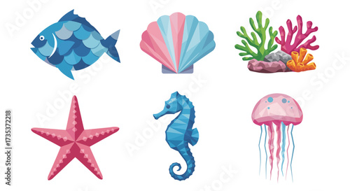 Vector art of collection of colorful marine life