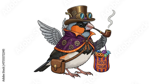 Steampunk Bird: This whimsical illustration showcases a dapper bird, impeccably dressed in steampunk attire, complete with a top hat, goggles, and a smoking pipe.