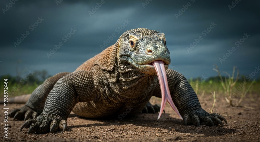Obraz premium Komodo dragon, tongue extended, on dry ground, dramatic sky
