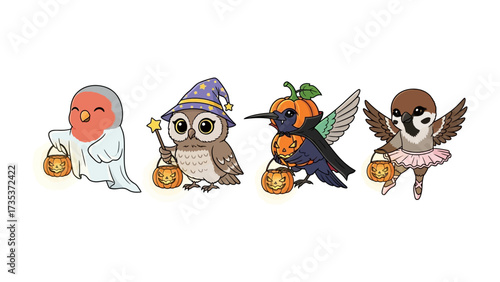 Halloween Birdy Parade: A whimsical collection of adorable birds, each adorned in creative costumes, gleefully participating in a charming Halloween parade.