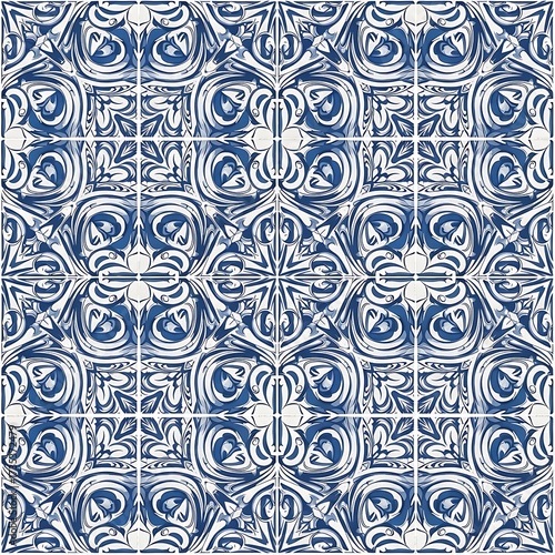 Intricate Blue and White Tile Pattern with Floral and Geometric Motifs.