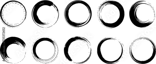 Collection of Ten Black Brushstroke Circles on White Background