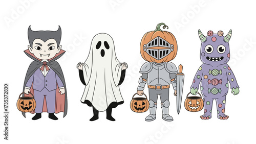 Halloween Characters' Parade: A vibrant Halloween scene unfolds, as a charming array of costumed figures joyfully showcase their playful attire and cheerful dispositions. 