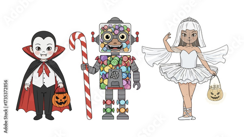 Halloween Characters' Parade: A captivating ensemble of costumed characters, each radiating unique charm – a vampire, a candy-cane-toting robot, and an enchanting fairy.