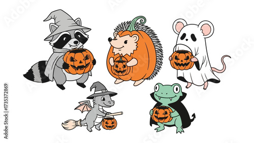 Spooky Critters: Cute illustrated creatures in festive Halloween costumes, each clutching a carved pumpkin, ready for a night of tricks and treats. 