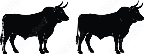 Bull silhouette, black bull illustration, strong animal figure, cattle profile, farm livestock, muscular ox, ranch symbol, agriculture design, power icon, strength art