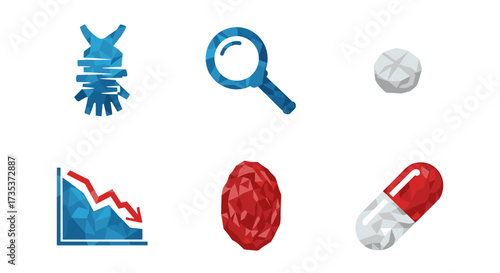 Vector art of medical and financial icons including dna, magnifying glass, pill, and graph