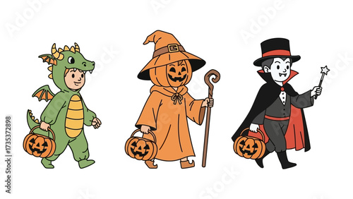 Halloween Fun: Cheerful children dressed in Halloween costumes go trick-or-treating with festive jack-o'-lanterns, capturing the pure delight and childhood experience.