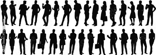Business silhouettes, professional people, corporate gathering, networking event, social interaction, modern attire, communication, teamwork, standing pose, black figures, 