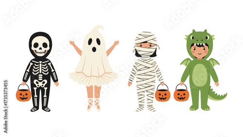 Spooky Fun: Four playfully costumed children in Halloween attire, each holding a Jack-o'-lantern bucket, prepare for trick-or-treating. 