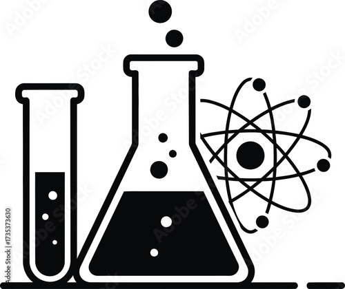 Science laboratory equipment and atomic structure illustration