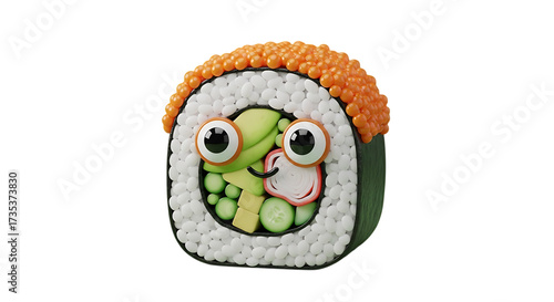Adorable sushi roll character with big eyes and smile, a fun food illustration for kids menus or playful restaurant branding that brings joy and deliciousness