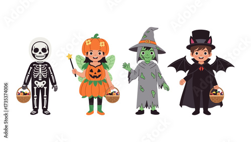 Enchanting Halloween Costumes: A collection of whimsically designed cartoon characters in vibrant Halloween costumes, each bearing treats and smiles in a cheerful celebration.