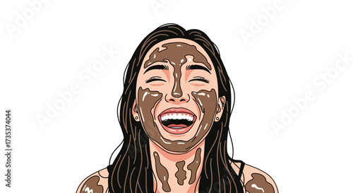 Joyful young woman with a cosmetic clay mask on her face laughing heartily. Beauty and spa self-care routine vector