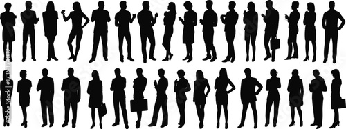 Business silhouettes, professional people standing, corporate attire, diverse poses, black figures, workplace communication, team concept, office behavior, business illustration, human resources, 
