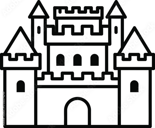 Simple outline drawing of a medieval castle with towers and battlements