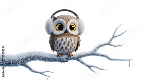 Adorable owl perched on snowy branch wearing cozy earmuffs brings winter charm and whimsical delight to children's books and seasonal designs.