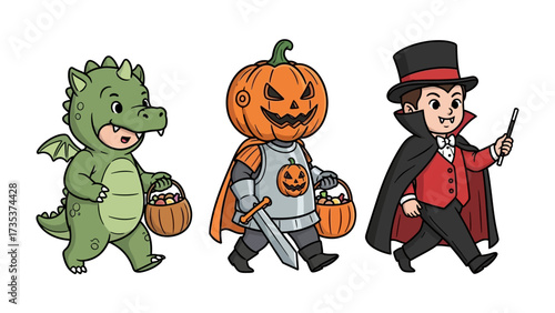 Happy Halloween Characters: Three charming characters dressed in festive Halloween costumes, a playful dragon, a pumpkin knight, and a sophisticated vampire, each holding a treat basket.