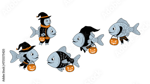 Halloween Fish: A whimsical Halloween illustration features several friendly fish characters, each adorned in creative costumes and carrying jack-o'-lantern buckets, perfect for spooky season!