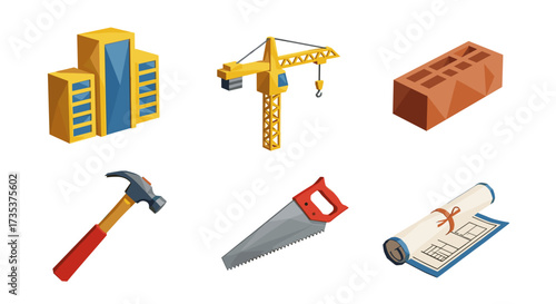 Vector art of construction site icons with buildings, crane, and tools