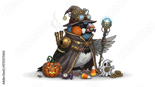 Steampunk Bird's Spooktacular Enchantment: A whimsical digital illustration showcases a steampunk-inspired bird character, attired as a wizard.