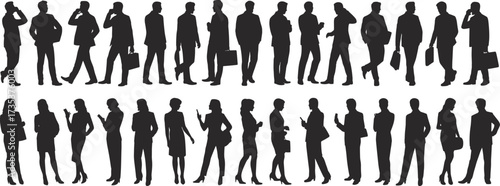 Business silhouettes, professional people, office attire, mobile phone usage, walking pose, standing gesture, corporate group, career concept, formal dress, workplace diversity, 