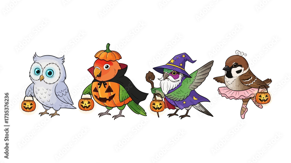 Fototapeta premium Halloween Avian Ensemble: A whimsical illustration showcases a charming gathering of birds, each adorned in delightful Halloween costumes, holding miniature jack-o'-lanterns.