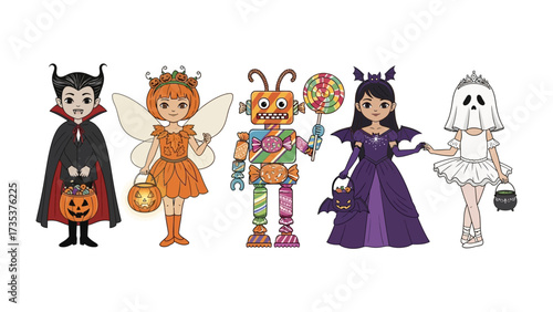 Halloween costumes: A captivating collection of intricately dressed children, radiating the spirit of Halloween, in a charming array of costumes.