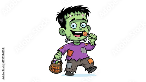 Friendly Monster's Candy Quest: A jovial cartoon monster, embodying the spirit of Halloween, gleefully carries a filled candy bag, ready for trick-or-treating!