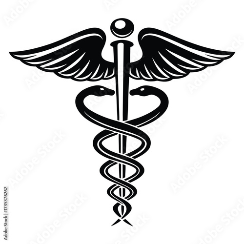 Black Caduceus Medical Symbol with Wings and Two Snakes on White Background health medicine