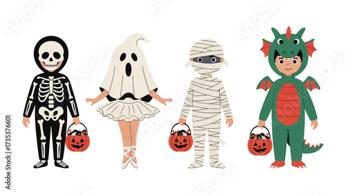 Spooky Halloween Parade: A charming collection of children dressed in whimsical Halloween costumes, each holding a jack-o'-lantern treat basket and ready for a night of frightful fun. 
