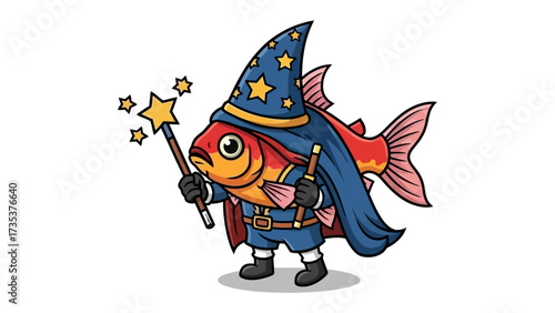 The Aquatic Wizard: A whimsical illustration presents a vibrant goldfish, playfully garbed as a wizard, complete with a hat and wand, conjuring a constellation of sparkling stars.