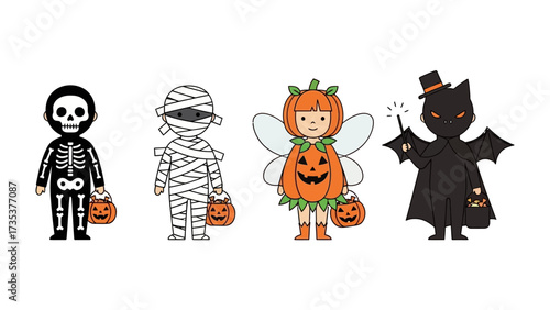 Halloween Costume Parade: A playful group of children, each adorned in unique, spooky costumes, eagerly trick-or-treating, filled with innocent excitement and whimsical charm.