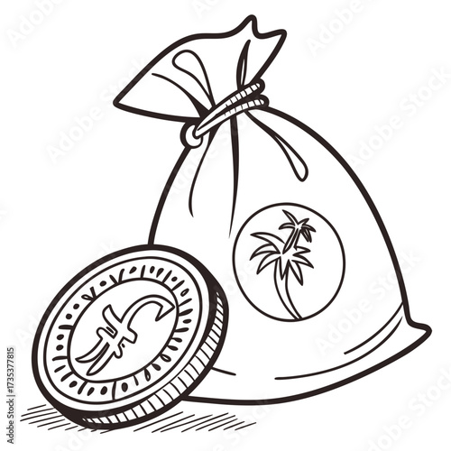 Money Bag and Coin with Palm Tree Design, Vector Illustration for Wealth and Prosperity
