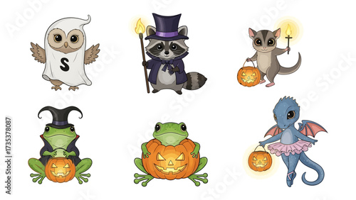Whimsical Halloween Creatures: Adorable illustrations of Halloween creatures. Includes owl, raccoon, sugar glider, frog, and dragon celebrating spooky fun.