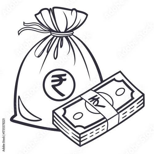 Money Bag and Rupee Stack Financial Wealth and Savings Illustration