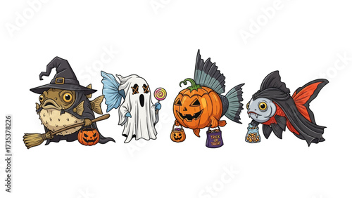 Halloween Aquatic Parade: A whimsical Halloween parade features charming goldfish, each transformed into a festive character, exuding joy and spooky cheer in a vibrant underwater celebration.