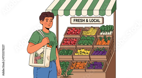 Vibrant Illustration of a Man Shopping at a Fresh Produce Stand Promoting Local and Sustainable Food Choices and Supporting Small Businesses